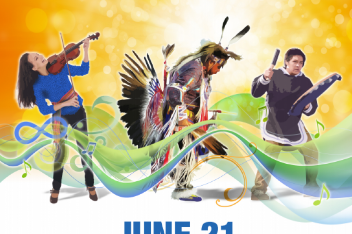 Promotional poster depicting a man in full regalia dancing between a woman playing violin and a man playing a drum.