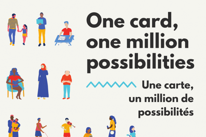 Promotional poster for Canadian Library Month reading "One card, one million possibilities"