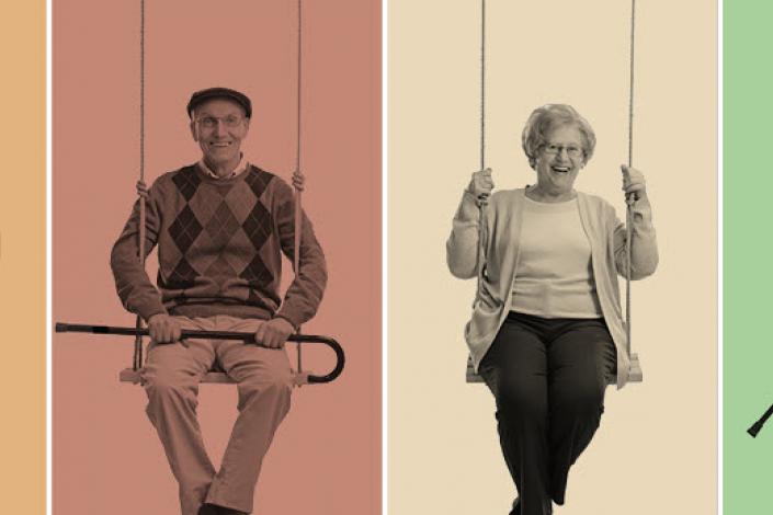 4 older adults each in their own frame sitting on swings